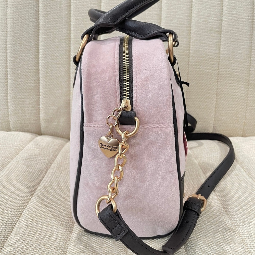 NEW Juicy Couture Pink Velour Satchel Bowler Bag Brown Trim Crossbody Heart - Picture 4 of 8